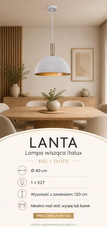 LANTA PND-23906-1-WH-GD to biała lampa wisząca Italux ze złotym wnętrzem. Klosz o średnicy 40 cm pięknie prezentuje się nad stołem w jadalni, wyspą lub barkiem. Nowoczesne oświetlenie 1×E27 do kuchni i salonu.