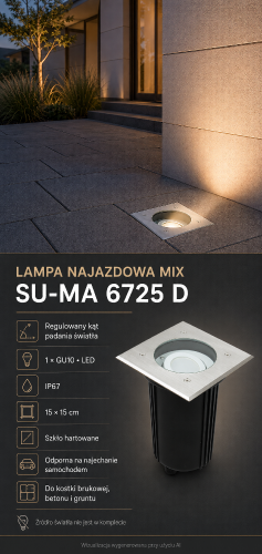Kwadratowa lampa najazdowa MIX 6725 D marki SU-MA sprawdzi się w kostce brukowej, betonie i gruncie. Regulowany kąt pozwala podświetlić elewację lub rośliny. Oprawa GU10, IP67, szkło hartowane. Źródło światła nie jest w komplecie.