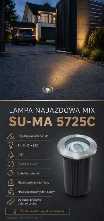 Okrągła oprawa gruntowa MIX SU-MA 5725C do podświetlenia elewacji, bramy, drzew i krzewów. Regulacja światła do 23°, trzonek GU10, możliwość zastosowania LED oraz szczelność IP67. Montaż w kostce brukowej, betonie lub ziemi.