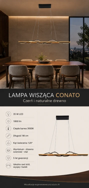 Czarna lampa wisząca CONATO z drewnem to efektowne oświetlenie jadalni, kuchni lub salonu. Zintegrowany LED 35W emituje 1800 lm i ciepłą barwę 3000K. Podłużna forma 98 cm pasuje nad stół, wyspę kuchenną i barek.