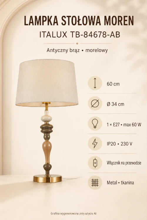 MOREN TB-84678-AB to dekoracyjna lampka stołowa Italux o wysokości 60 cm. Metalowa podstawa w antycznym brązie i morelowym kolorze współgra z jasnym abażurem z tkaniny. Gwint E27 i włącznik na przewodzie zapewniają wygodne użytkowanie.