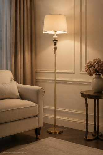 Elegancka lampa podłogowa MOREN marki Italux zachwyca smukłym trzonem w antycznym brązie i morelowym abażurem z tkaniny. Wysokość 157 cm, średnica 34 cm, gwint E27 oraz włącznik na przewodzie. Stylowe światło obok sofy, fotela lub łóżka. Elegancja i styl.