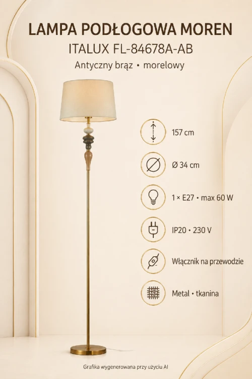 MOREN FL-84678A-AB to dekoracyjna lampa podłogowa Italux do salonu i sypialni. Metalowa konstrukcja w antycznym brązie, morelowe akcenty i tkaninowy abażur tworzą elegancką całość. Model ma 157 cm wysokości, gwint E27 i włącznik na przewodzie. Pełna klasy