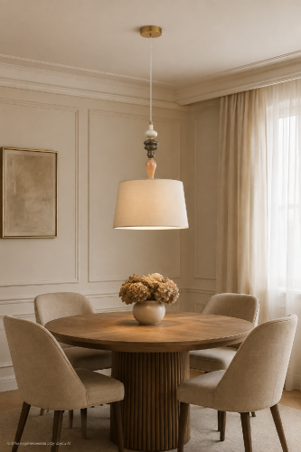 Elegancka lampa wisząca MOREN marki Italux zachwyca abażurem z tkaniny oraz dekoracyjnymi detalami w antycznym brązie i morelowym kolorze. Średnica 34 cm, gwint E27 i możliwość skrócenia przewodu pozwalają dopasować ją do wnętrza. Zapewnia ciepłe światło.