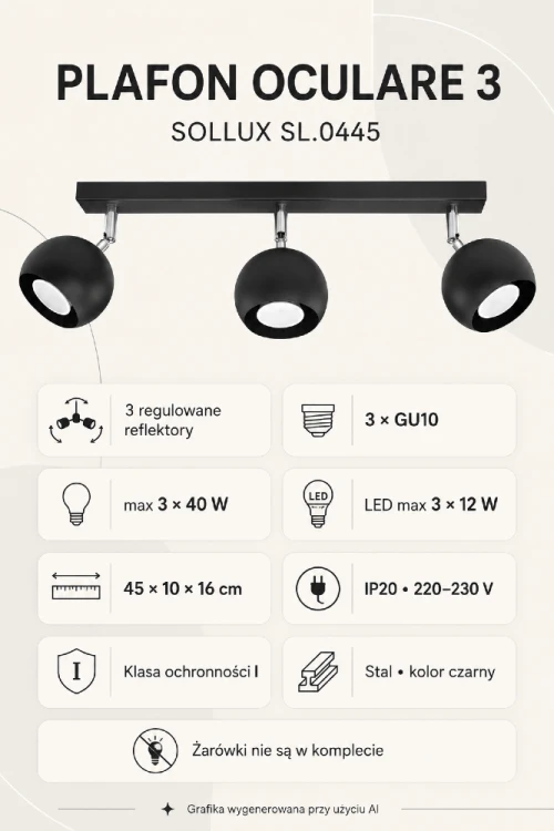 OCULARE 3 SL.0445 to nowoczesny plafon sufitowy Sollux wykonany ze stali w czarnym kolorze. Trzy regulowane reflektory z oprawkami GU10 zapewniają funkcjonalne oświetlenie kuchni, salonu, korytarza lub gabinetu. Żarówki nie są w zestawie. Nowoczesny styl.