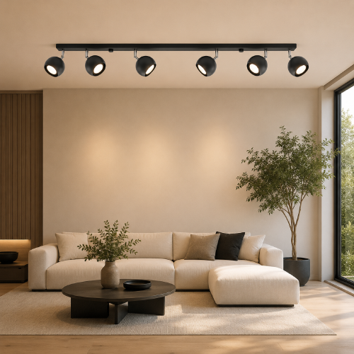 Plafon OCULARE 6xGU10 czarny Sollux SL.0448 to metalowa lampa sufitowa z ruchomymi reflektorami. Minimalistyczna forma pasuje do nowoczesnych i loftowych wnętrz, a regulacja pozwala skierować światło na wybrane strefy.