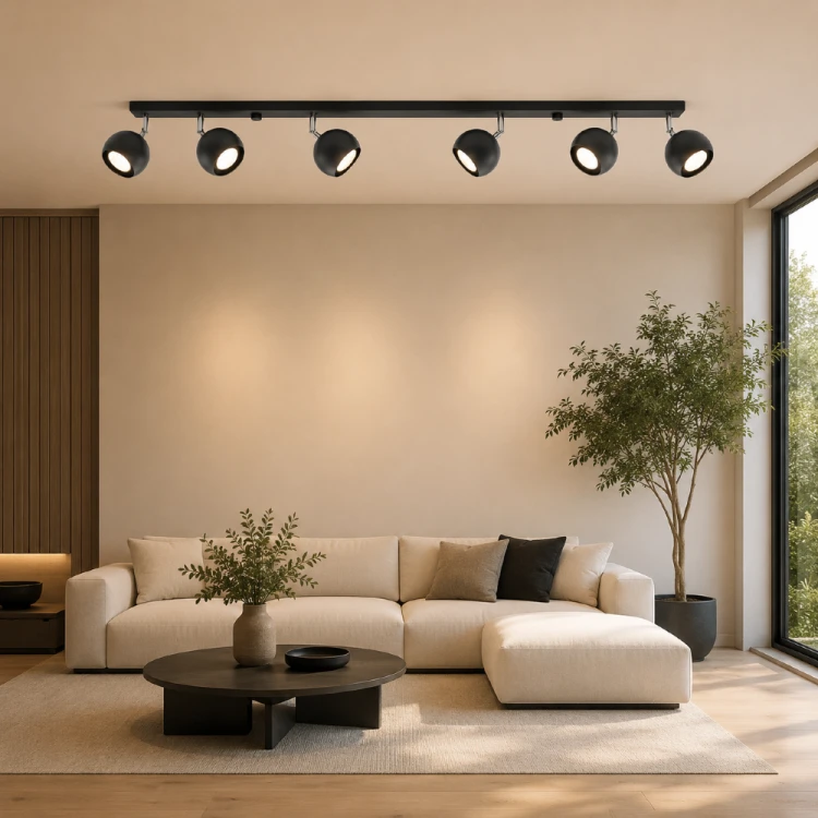 Plafon OCULARE 6xGU10 czarny Sollux SL.0448 to metalowa lampa sufitowa z ruchomymi reflektorami. Minimalistyczna forma pasuje do nowoczesnych i loftowych wnętrz, a regulacja pozwala skierować światło na wybrane strefy.