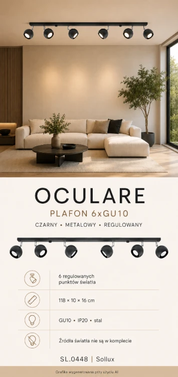 Nowoczesny plafon Sollux OCULARE SL.0448 ma sześć regulowanych punktów świetlnych GU10. Czarna stalowa konstrukcja o wymiarach 118 × 10 × 16 cm dobrze prezentuje się w kuchni, salonie, jadalni, przedpokoju lub gabinecie.