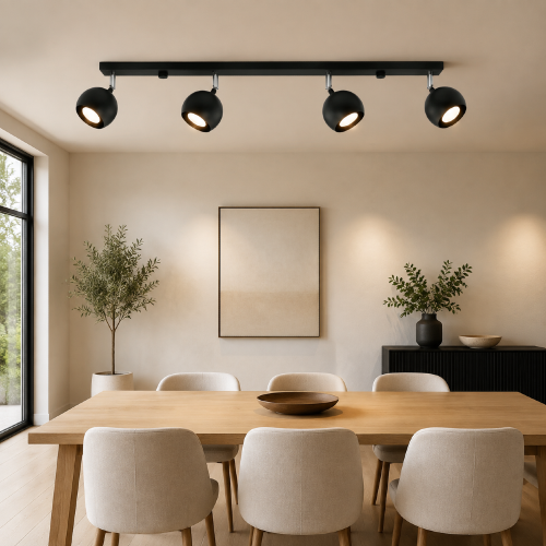 Plafon OCULARE 4xGU10 czarny Sollux SL.0447 to metalowa lampa sufitowa z ruchomymi reflektorami. Minimalistyczna forma pasuje do nowoczesnych i loftowych wnętrz, a regulacja pozwala kierować światło na wybrane strefy.