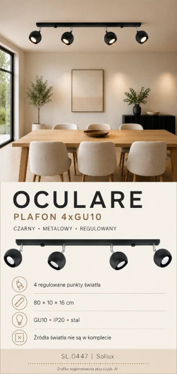 Nowoczesny plafon Sollux OCULARE SL.0447 ma 4 regulowane punkty świetlne GU10. Czarna stalowa konstrukcja o wymiarach 80 × 10 × 16 cm dobrze prezentuje się w kuchni, salonie, jadalni, przedpokoju lub domowym gabinecie.