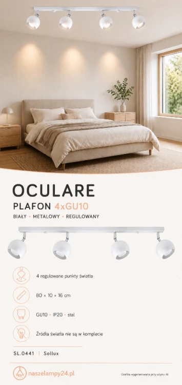 Nowoczesny plafon Sollux OCULARE SL.0441 ma 4 regulowane punkty świetlne GU10. Biała stalowa konstrukcja o wymiarach 80 × 10 × 16 cm dobrze prezentuje się w sypialni, kuchni, salonie, jadalni, przedpokoju lub gabinecie.