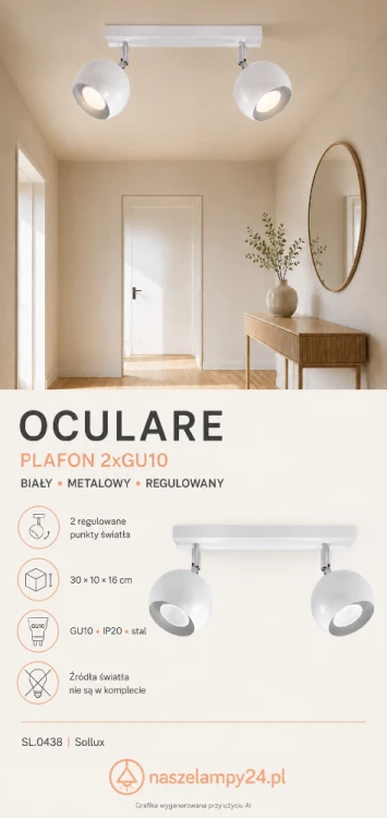 Nowoczesny plafon Sollux OCULARE SL.0438 ma 2 regulowane punkty świetlne GU10. Biała stalowa konstrukcja o wymiarach 30 × 10 × 16 cm dobrze prezentuje się w korytarzu, sypialni, kuchni, garderobie lub gabinecie.