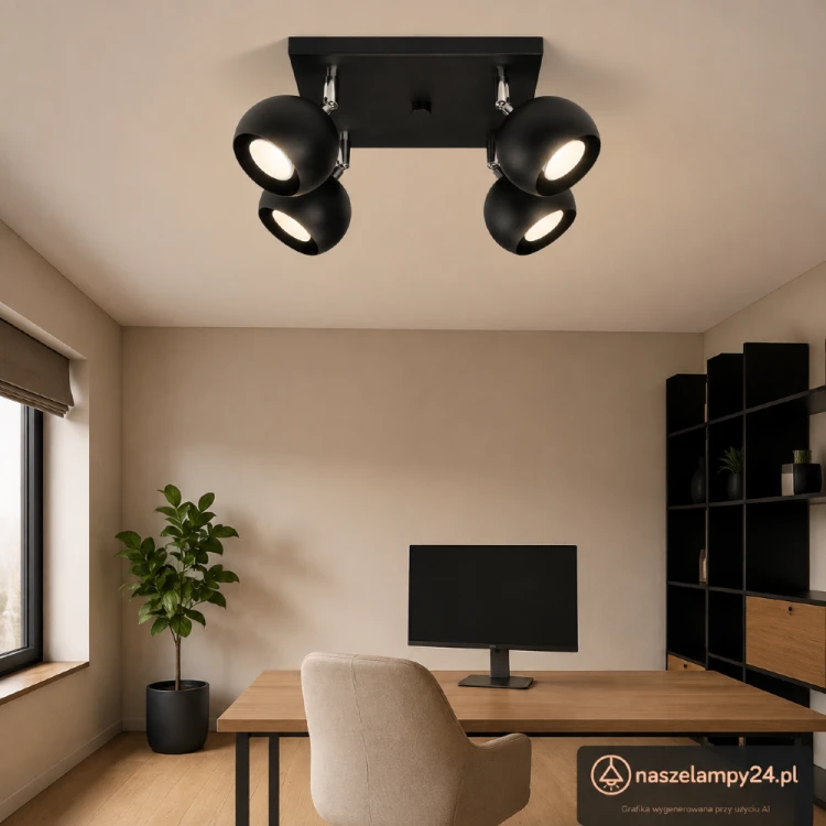 Plafon OCULARE 4xGU10 czarny Sollux SL.0466 to metalowa lampa sufitowa z ruchomymi reflektorami w układzie 2 × 2. Kwadratowa forma pasuje do nowoczesnych i loftowych wnętrz, a regulacja ułatwia kierowanie światłem.