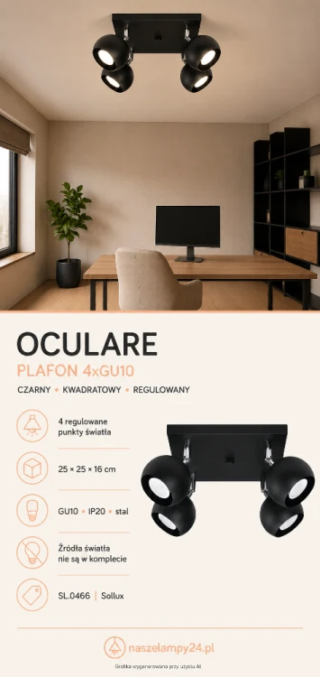 Nowoczesny plafon Sollux OCULARE SL.0466 ma 4 regulowane punkty świetlne GU10. Czarna stalowa konstrukcja na kwadratowej podstawie dobrze prezentuje się w salonie, kuchni, sypialni, garderobie, korytarzu lub gabinecie.