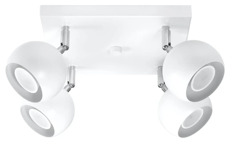 Biały plafon OCULARE SL.0440 marki Sollux posiada 4 regulowane reflektory GU10 na kwadratowej podstawie. Stalowa lampa o wymiarach 25 × 25 × 16 cm sprawdzi się w garderobie, sypialni, kuchni, salonie lub biurze.