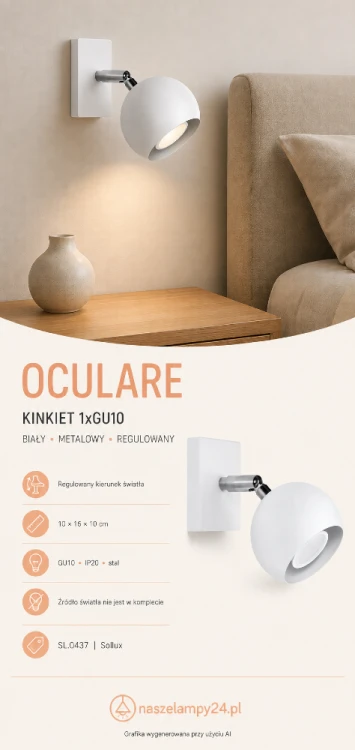 Nowoczesny kinkiet Sollux OCULARE SL.0437 ma regulowany punkt świetlny GU10. Biała stalowa konstrukcja o wymiarach 10 × 16 × 10 cm dobrze prezentuje się w sypialni, salonie, garderobie, korytarzu lub gabinecie.