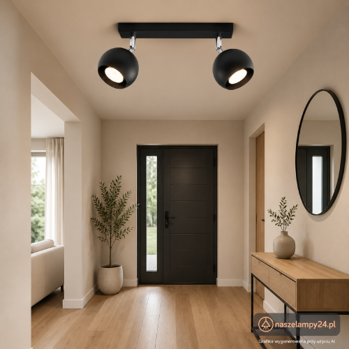Plafon OCULARE 2xGU10 czarny Sollux SL.0444 to metalowa lampa sufitowa z ruchomymi reflektorami. Minimalistyczna forma pasuje do nowoczesnych i loftowych wnętrz, a regulacja pozwala skierować światło na wybrane miejsca.