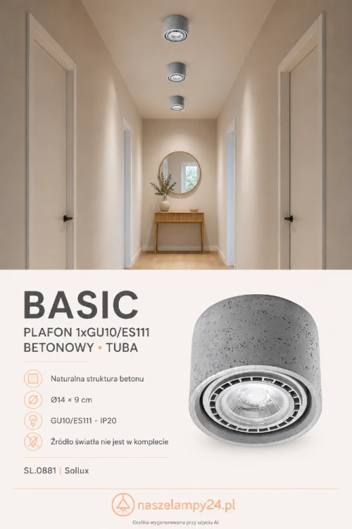 BASIC SL.0881 to betonowy plafon sufitowy Sollux na żarówkę GU10/ES111. Kompaktowe wymiary 14 × 14 × 9 cm pozwalają tworzyć kompozycje z kilku lamp. Dobry wybór do kuchni, korytarza, salonu albo biura.