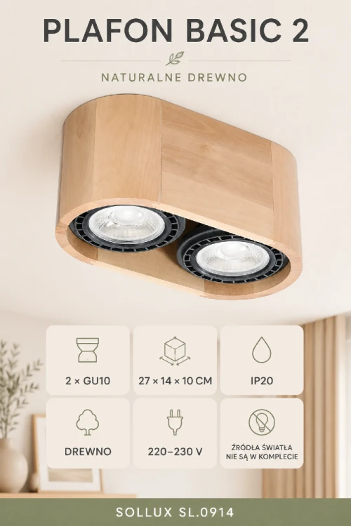 Plafon sufitowy BASIC 2xGU10 naturalne drewno Sollux SL.0914 sprawdzi się we wnętrzach skandynawskich, japandi i nowoczesnych. Ma wymiary 27 × 14 × 10 cm oraz dwa wymienne źródła GU10. Żarówki nie są dołączone do zestawu. Pasuje do wnętrz domowych i biur.