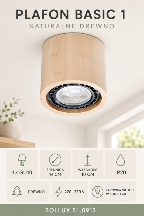 Plafon sufitowy BASIC 1xGU10 naturalne drewno Sollux SL.0913 sprawdzi się we wnętrzach skandynawskich, japandi i nowoczesnych. Ma średnicę 14 cm, wysokość 10 cm oraz wymienne źródło GU10. Żarówka nie jest dołączona do zestawu. Stopień ochrony wynosi IP20.