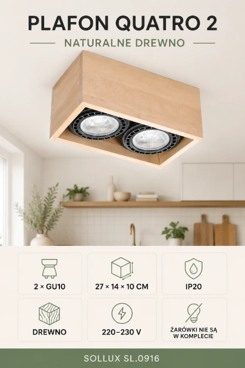 Plafon sufitowy QUATRO 2xGU10 naturalne drewno Sollux SL.0916 sprawdzi się we wnętrzach skandynawskich, japandi i nowoczesnych. Ma wymiary 27 × 14 × 10 cm oraz dwa wymienne źródła GU10. Żarówki nie są dołączone do zestawu. Naturalny wybór do każdego domu.