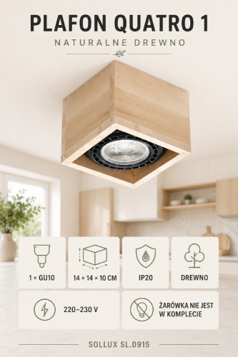 Drewniany plafon QUATRO 1 Sollux SL.0915 łączy geometryczną formę z ciepłym kolorem naturalnego drewna. Gniazdo GU10 zapewnia funkcjonalne światło w salonie, kuchni lub przedpokoju. Lampa ma wymiary 14 × 14 × 10 cm i stopień ochrony IP20. Zasilanie 230 V.