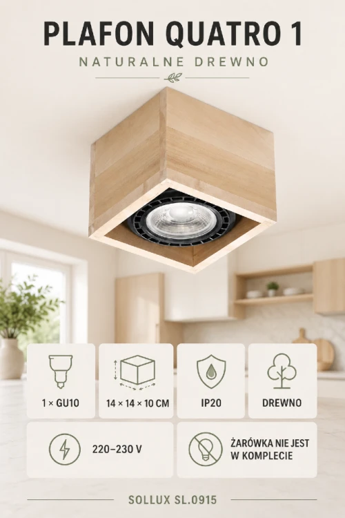 Drewniany plafon QUATRO 1 Sollux SL.0915 łączy geometryczną formę z ciepłym kolorem naturalnego drewna. Gniazdo GU10 zapewnia funkcjonalne światło w salonie, kuchni lub przedpokoju. Lampa ma wymiary 14 × 14 × 10 cm i stopień ochrony IP20. Zasilanie 230 V.