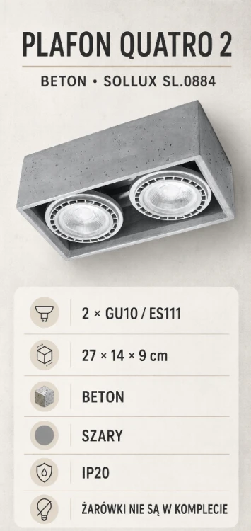 Plafon betonowy QUATRO 2 Sollux to nowoczesna oprawa sufitowa z dwoma źródłami GU10/ES111. Szara, prostokątna obudowa mierzy 27 × 14 × 9 cm i dobrze wygląda w aranżacjach loftowych. Stopień ochrony IP20. Żarówek brak w zestawie.