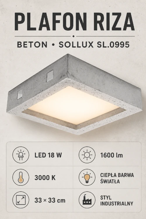 Betonowy plafon LED RIZA SL.0995 to propozycja do wnętrz loftowych, industrialnych i minimalistycznych. Kwadratowa lampa 33 × 33 cm zapewnia 1600 lm przy mocy 18 W. Ciepłe światło 3000 K sprzyja wypoczynkowi i tworzy przytulny nastrój.