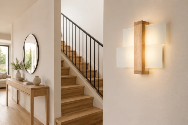 Drewniany kinkiet FENIKS Sollux SL.0077 to nowoczesna lampa ścienna ze szklanymi panelami. Oprawa mieści jedną żarówkę E27 do 60 W lub LED do 15 W. Naturalna kolorystyka pasuje do wnętrz skandynawskich, nowoczesnych i minimalistycznych.