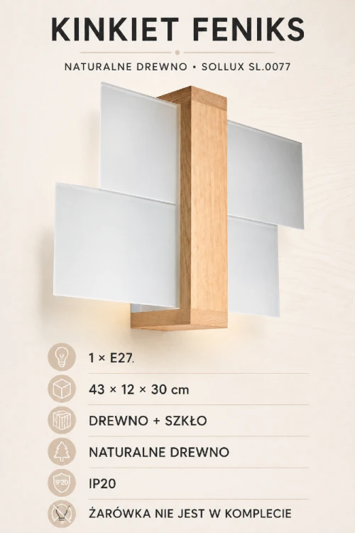 Kinkiet FENIKS naturalne drewno i szkło marki Sollux wyróżnia się geometryczną formą oraz subtelnym światłem. Model SL.0077 ma wymiary 43 × 12 × 30 cm i wykorzystuje wymienną żarówkę E27. Sprawdzi się w salonie, sypialni lub przy schodach.