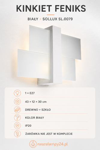 Kinkiet FENIKS 1xE27 szkło i białe drewno to efektowna lampa ścienna do jasnego wnętrza. Geometryczna oprawa ma wymiary 43 × 12 × 30 cm. Model Sollux SL.0079 sprawdzi się w sypialni, salonie lub przy schodach. IP20.