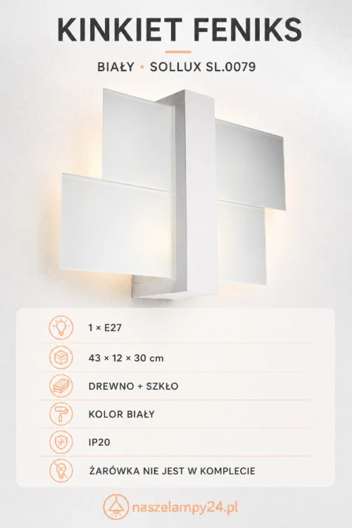Kinkiet FENIKS 1xE27 szkło i białe drewno to efektowna lampa ścienna do jasnego wnętrza. Geometryczna oprawa ma wymiary 43 × 12 × 30 cm. Model Sollux SL.0079 sprawdzi się w sypialni, salonie lub przy schodach. IP20.