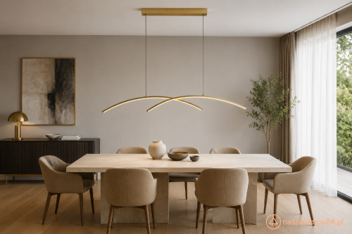 Złota lampa wisząca SAMOLA LED 24 W Italux zachwyca układem trzech przecinających się profili. Strumień 1920 lm oraz barwy CCT 3000/4000/6000 K pozwalają dopasować światło do jadalni lub kuchni. Długość lampy wynosi 95 cm.