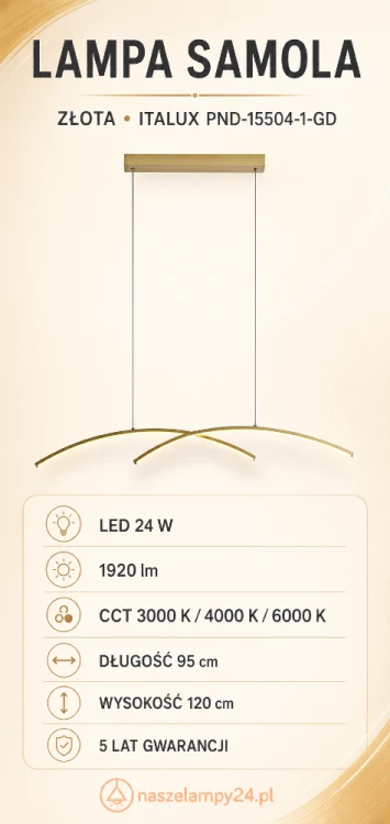 SAMOLA PND-15504-1-GD to nowoczesna złota lampa LED nad stół, barek lub wyspę kuchenną. Zintegrowane źródło 24 W zapewnia 1920 lm i trzy barwy światła CCT. Model ma 95 cm długości, IP20 oraz 5-letnią gwarancję Italux.