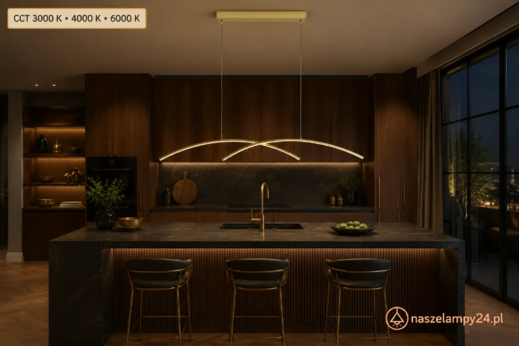 Lampa SAMOLA 24W LED CCT złota marki Italux to efektowne oświetlenie jadalni i kuchni. Smukłe łukowe profile emitują 1920 lm światła w barwie 3000 K, 4000 K lub 6000 K. Oprawa ma 95 cm długości i nie wymaga zakupu żarówek.