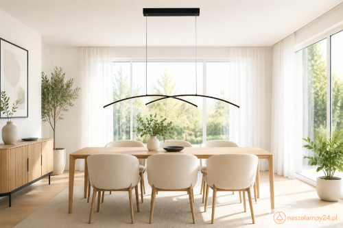 Czarna lampa wisząca SAMOLA LED 24 W Italux zachwyca układem trzech przecinających się profili. Strumień 1920 lm oraz barwy CCT 3000/4000/6000 K pozwalają dopasować światło do jadalni lub kuchni. Długość lampy wynosi 95 cm.