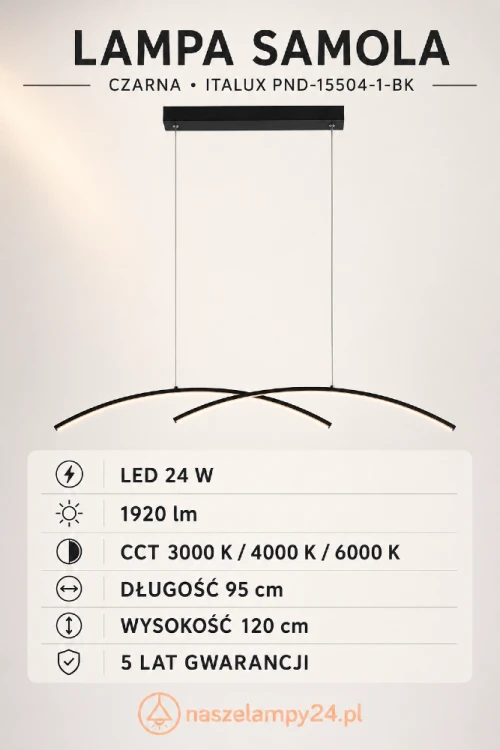 SAMOLA PND-15504-1-BK to nowoczesna czarna lampa LED nad stół, barek lub wyspę kuchenną. Zintegrowane źródło 24 W zapewnia 1920 lm i trzy barwy światła CCT. Model ma 95 cm długości, IP20 oraz 5-letnią gwarancję Italux.
