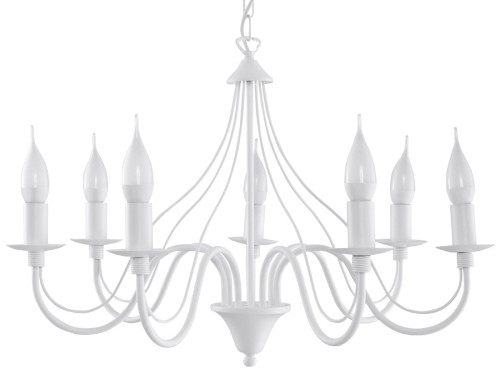 Żyrandol MINERWA 7xE14 biały Sollux SL.0215 to elegancka lampa w formie klasycznego świecznika. Siedem ramion efektownie oświetli salon, jadalnię lub sypialnię. Biała stalowa konstrukcja pasuje do wnętrz klasycznych i modern classic.