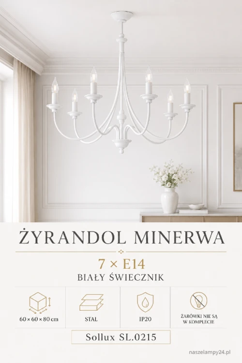 MINERWA SL.0215 to biały żyrandol świecznikowy 7xE14 marki Sollux. Dekoracyjne ramiona i ponadczasowa kolorystyka podkreślą wystrój salonu, sypialni lub jadalni. Wymiary lampy wynoszą 60 × 60 × 80 cm. Żarówki kupuje się osobno.