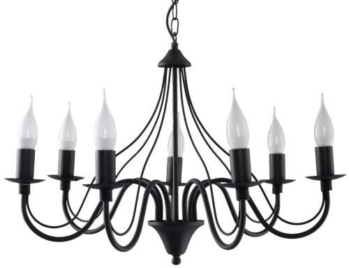 Żyrandol MINERWA 7xE14 czarny Sollux to elegancka lampa w formie klasycznego świecznika. Siedem ramion dobrze oświetli salon, jadalnię lub sypialnię. Stalowa konstrukcja pasuje do aranżacji klasycznych, loftowych i modern classic.