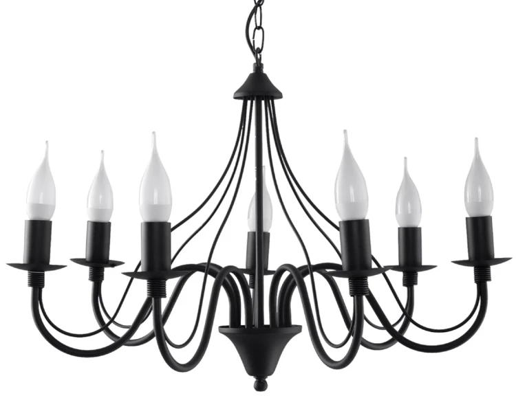 Żyrandol MINERWA 7xE14 czarny Sollux to elegancka lampa w formie klasycznego świecznika. Siedem ramion dobrze oświetli salon, jadalnię lub sypialnię. Stalowa konstrukcja pasuje do aranżacji klasycznych, loftowych i modern classic.