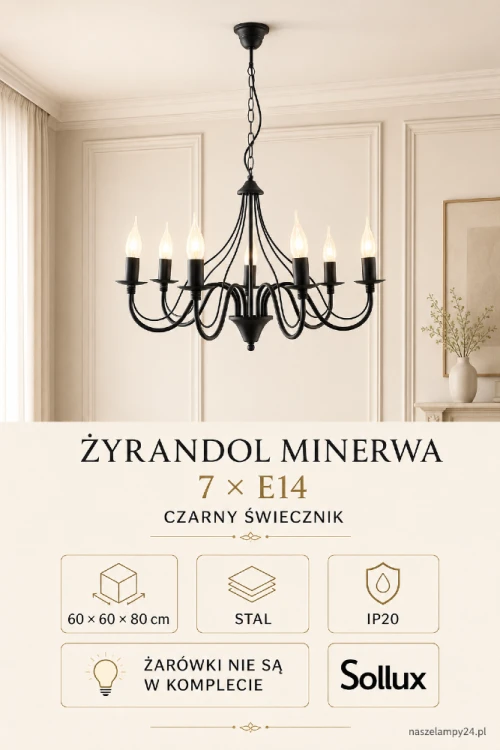 MINERWA to czarny żyrandol świecznikowy 7xE14 marki Sollux. Dekoracyjne ramiona i ponadczasowa kolorystyka podkreślą charakter salonu, sypialni lub jadalni. Lampa ma wymiary 60 × 60 × 80 cm. Źródła światła należy dokupić.