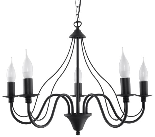 Żyrandol MINERWA 5xE14 czarny Sollux SL.0218 to elegancka lampa w formie świecznika. Pięć ramion efektownie oświetli salon, jadalnię lub sypialnię. Stalowa konstrukcja pasuje do wnętrz klasycznych, loftowych i modern classic.