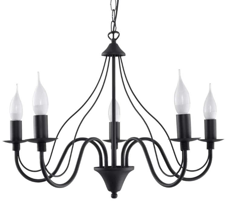 Żyrandol MINERWA 5xE14 czarny Sollux SL.0218 to elegancka lampa w formie świecznika. Pięć ramion efektownie oświetli salon, jadalnię lub sypialnię. Stalowa konstrukcja pasuje do wnętrz klasycznych, loftowych i modern classic.