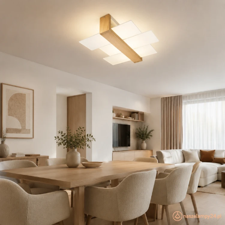 Drewniany plafon FENIKS 2 Sollux to stylowa lampa sufitowa do wnętrz nowoczesnych i skandynawskich. Szklane tafle tworzą dekoracyjną kompozycję, a dwa gwinty E27 pozwalają dobrać odpowiednią barwę i moc światła.