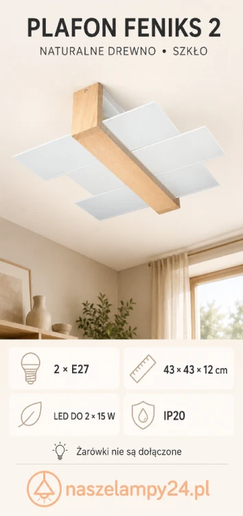 Plafon FENIKS 2 naturalne drewno i szkło Sollux SL.0076 zachwyca geometryczną formą. Ma wymiary 43 × 43 × 12 cm i dwa wymienne źródła światła E27. Idealny jako oświetlenie salonu, kuchni, sypialni lub przedpokoju.