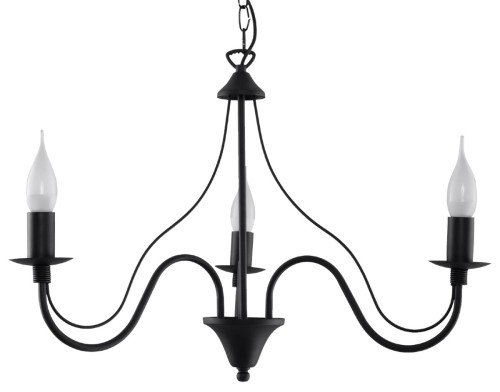 Żyrandol MINERWA 3xE14 czarny Sollux SL.0217 to elegancka lampa świecznikowa do salonu, jadalni i sypialni. Stalowa konstrukcja, trzy ramiona i oprawki E14 tworzą stylowe oświetlenie do wnętrz klasycznych, retro i loftowych