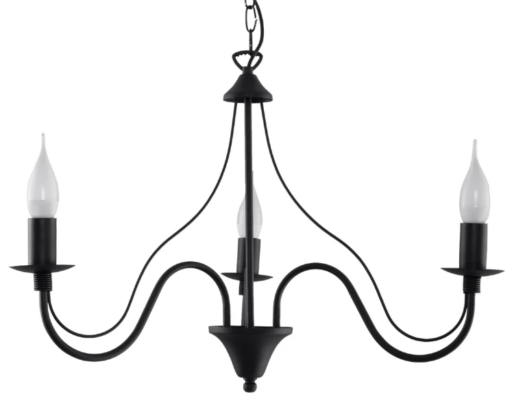 Żyrandol MINERWA 3xE14 czarny Sollux SL.0217 to elegancka lampa świecznikowa do salonu, jadalni i sypialni. Stalowa konstrukcja, trzy ramiona i oprawki E14 tworzą stylowe oświetlenie do wnętrz klasycznych, retro i loftowych