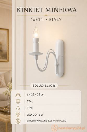 Biały kinkiet MINERWA 1xE14 Sollux zachwyca klasyczną formą świecznika. Elegancka lampa ścienna ze stali pasuje do salonu, sypialni, jadalni i holu. Wymiary 6 × 25 × 25 cm. Źródło światła należy dokupić osobno.